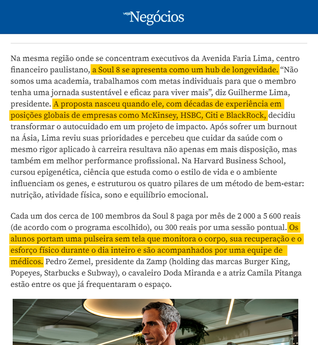Matéria Veja Negócios: A Soul8 se apresenta como um hub de longevidade